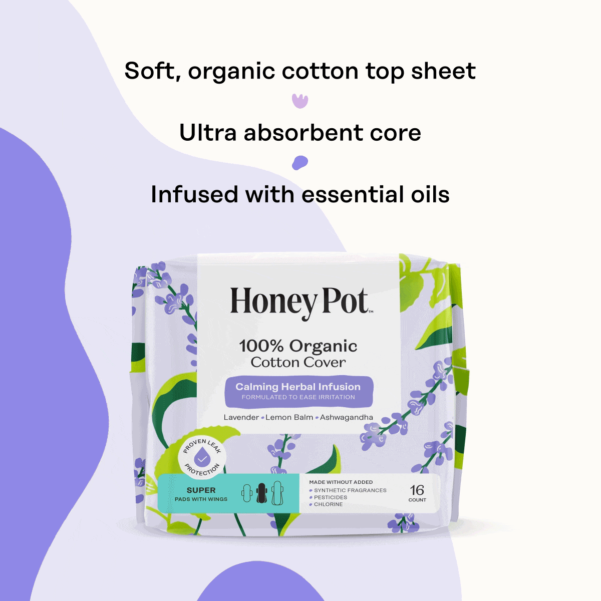 Organic Cotton Cover Calming Herbal Infusion Super Pads With Wings